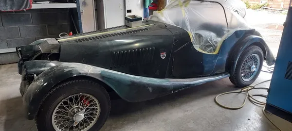 Classic Morgan sports car side view at the start of bodywork preparation at CPRS Grimsby